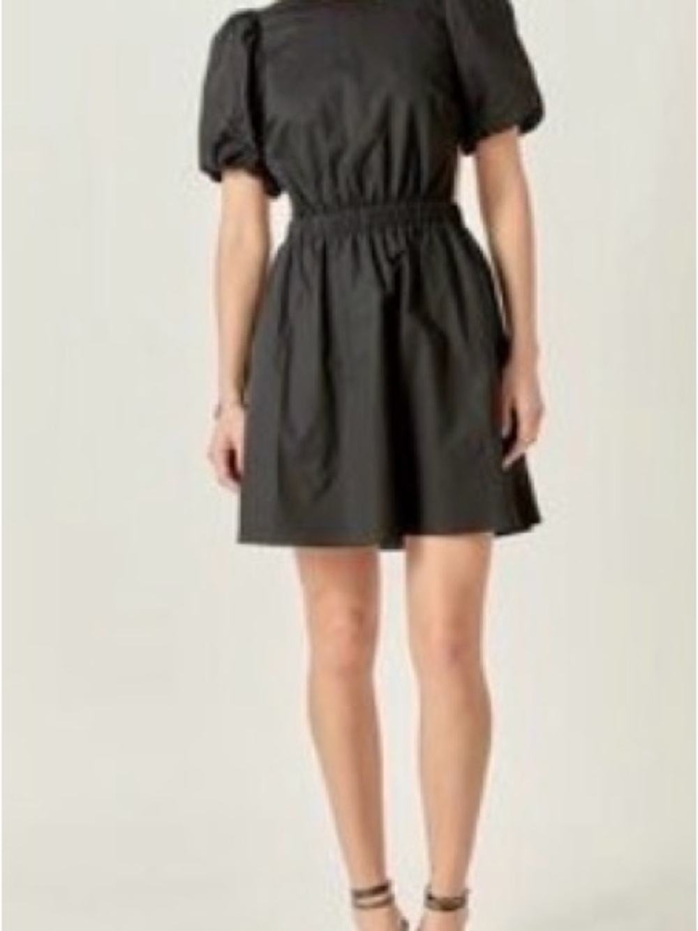 English Factory Black Puff-Sleeve V-Neck Mini Dress with Gathered Waist